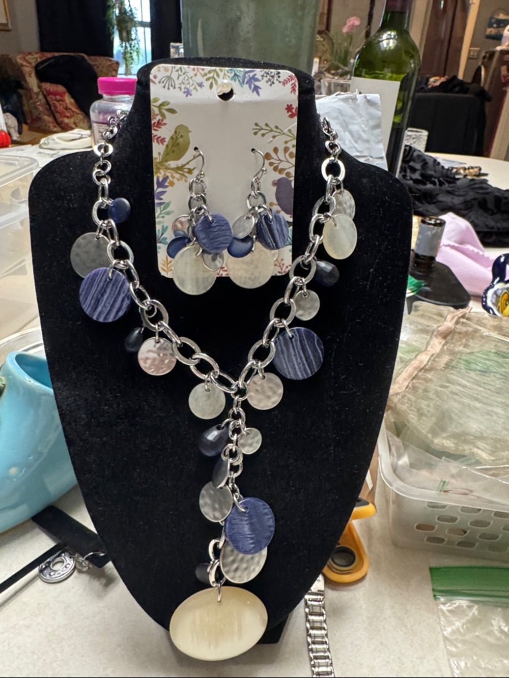 Chicos Chain adjustable Necklace & Earring Set in Navy Blue and Ivory